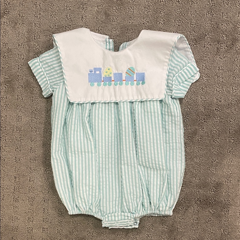 Striped Baby Romper with Easter Egg Train Embroidery